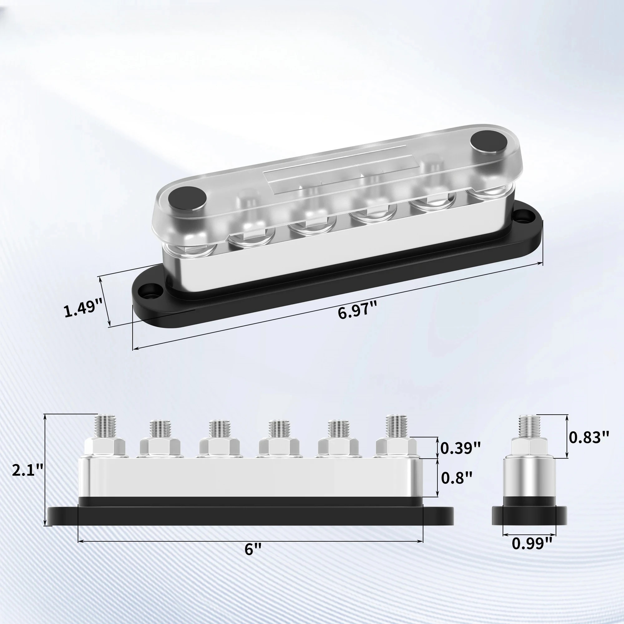 6 Stud Bus Bar 48V DC 600A Heavy Ground Electrical Busbar 3/8Post(M10) Terminal  Power Distribution Block With Cover