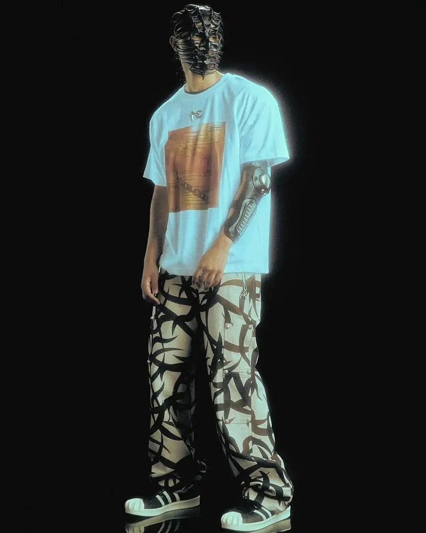 New THUG CLUB Loose-Fit Casual Short-Sleeve T shirt Top tees Lightning Print Metal Moon & Star Pattern Splicing Men Top