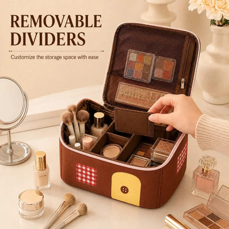 Women’s House Makeup Bag Portable Large Capacity Cosmetic Organizer, Water-Resistant Polyester Case with Removable Dividers