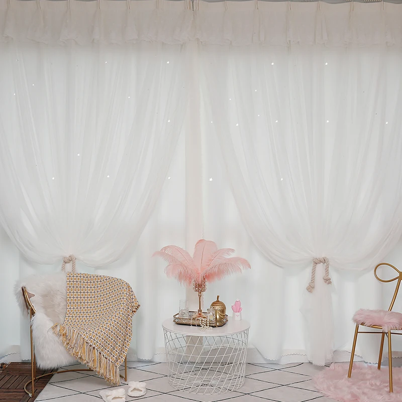 Brand Fairy Princess Voile Curtains with Lace Valance Solid White 2 layers Stars Hollow out Guaze Tulle Cortinas for Gilr's Room