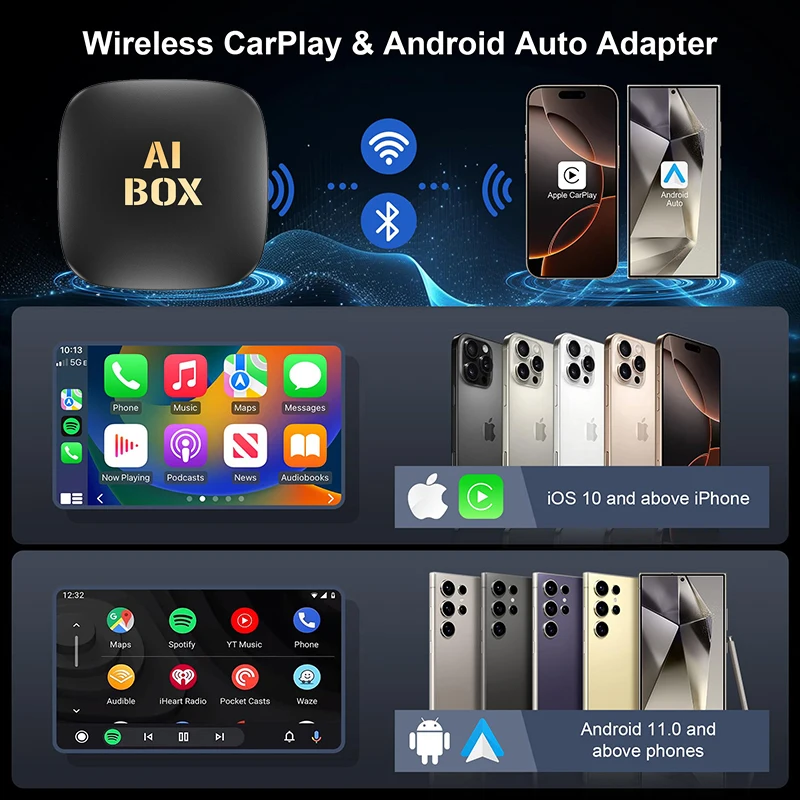 8-ядерный CarPlay Ai Box Android14, умная система, беспроводная CarPlay/Android Auto, 8 ГБ ОЗУ + 128 ГБ ПЗУ для Youtube Nexflit Plug and Play