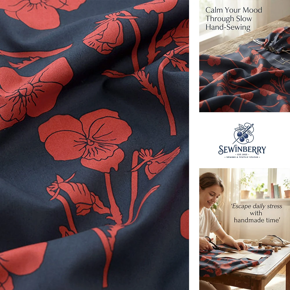 Minimalist Red Floral Printed Cotton Fabric Stress-Relief DIY Sewing Material For Dress Blouse Fat Quarter Patchwork Garment