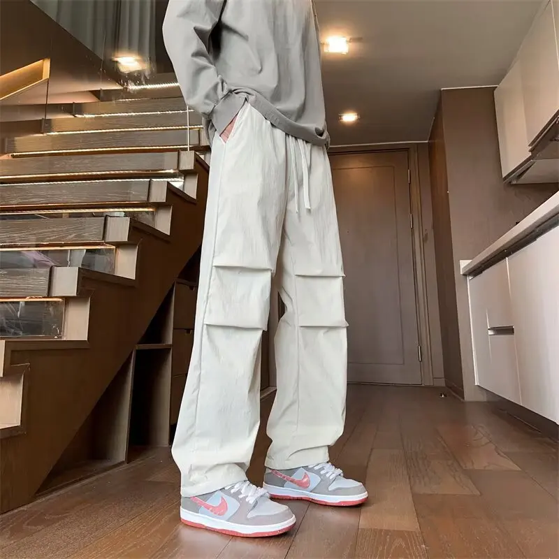 ملابس العمل سراويل غير رسمية للرجال، تصميم صيفي رقيق، سراويل معلقة مستقيمة الساق، سراويل فضفاضة واسعة الساق، سراويل رجالية، سراويل هجومية،