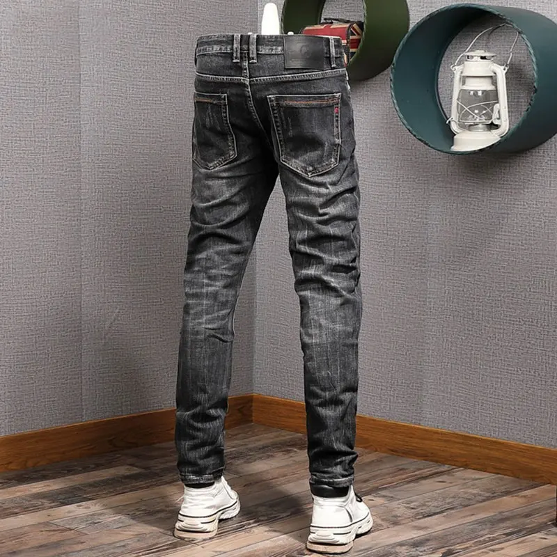 Italian Style Fashion Men Jeans High Quality Retro Black Gray Stretch Slim Fit Ripped Jeans Men Vintage Designer Denim Pants