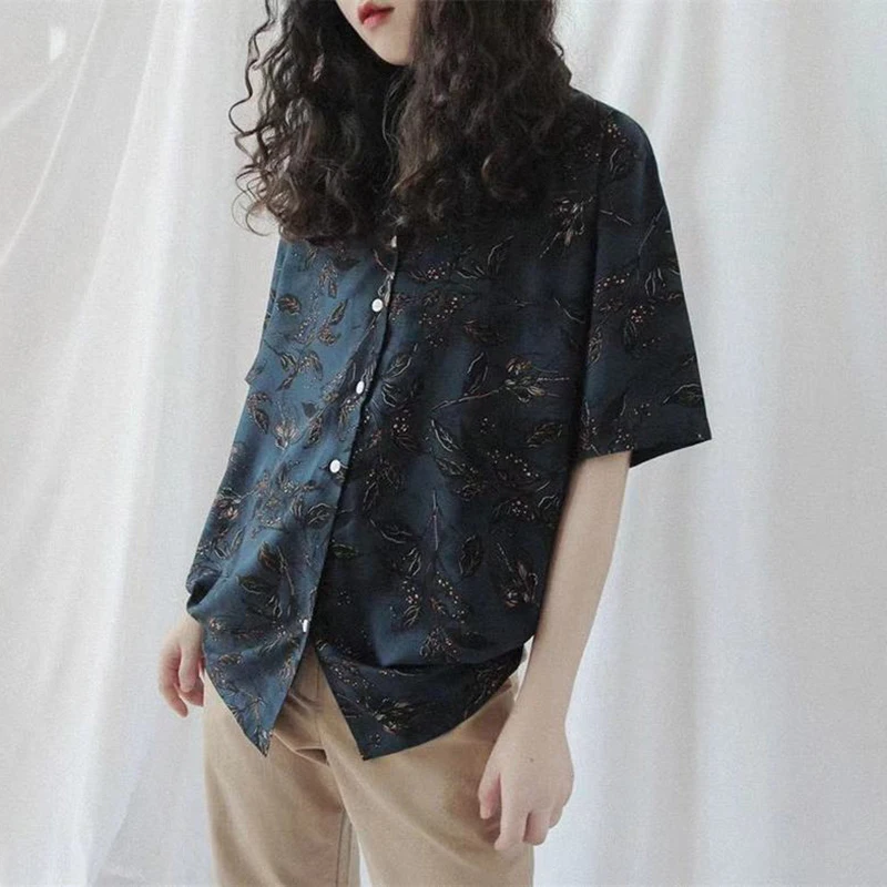 MEXZT Vintage Harajuku Print Shirt Women Summer Streetwear Short Sleeve Oversize Blouses Korean Fashion Elegant Casual Top New