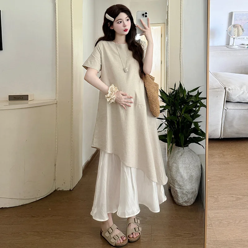 Maternity Dress Summer Fake Two Piece Loose Breathable Casual Patchwork Short Sleeve Dress for Pregnant Women 2026