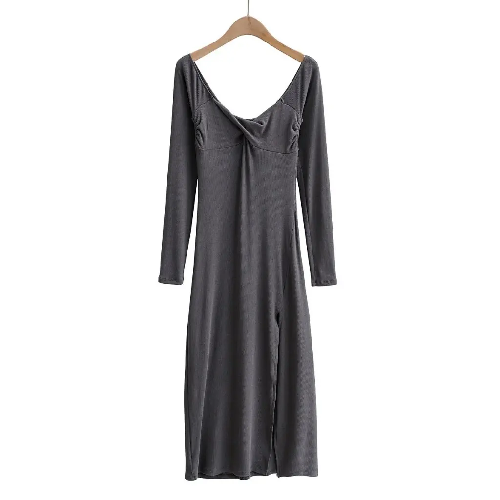 Vestido de manga larga con cuello en U de corte bajo para mujer estilo europeo y americano primavera otoño vestido Sexy con abertura lateral a la moda
