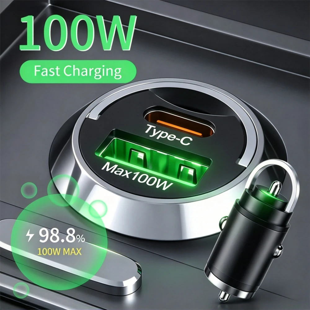 100W Mini Metal Car Charger Pull Ring Portable Fast Charging Adapter Multi Port Travel Cigarette Lighter Vehicle Charger in Car