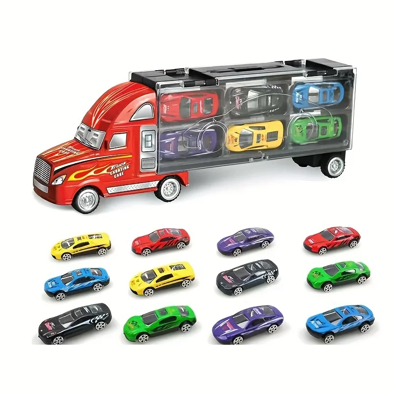 

1 set, portable shipping container car model toy, with 12 alloy toy cars, portable storage set of toy cars, as a gift for childr