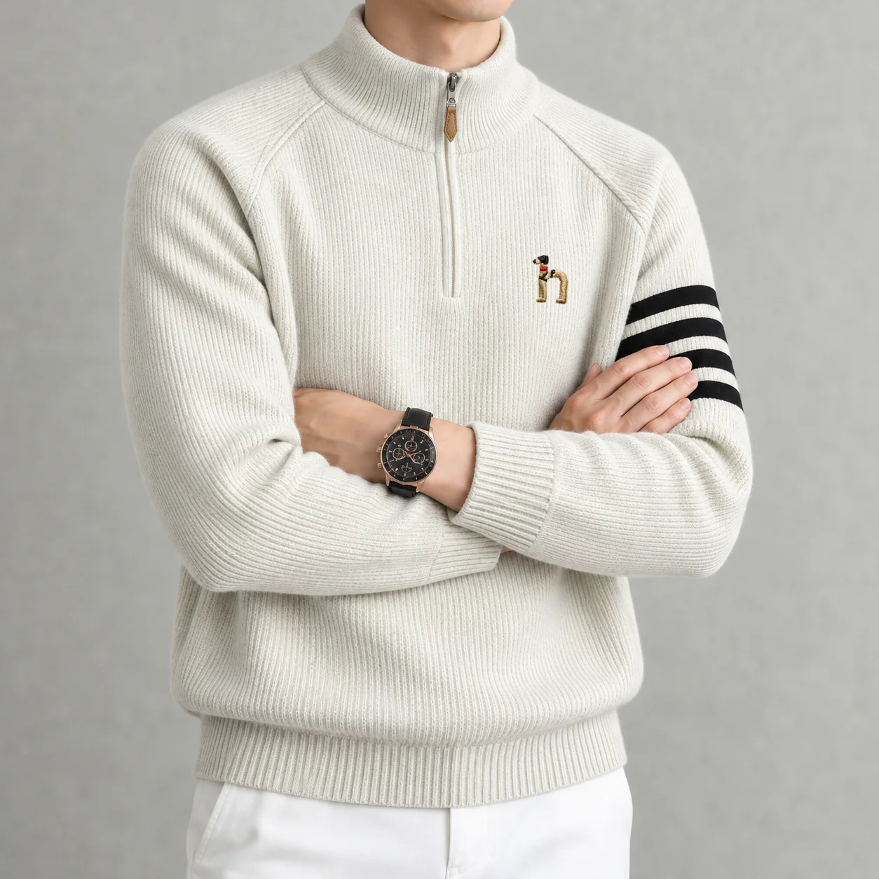 Light luxury Brand Half Zipper Sweater Men Fashion Boutique Dog Embroidery High Quality Winter Soft Plush Warm Knitted Pullover