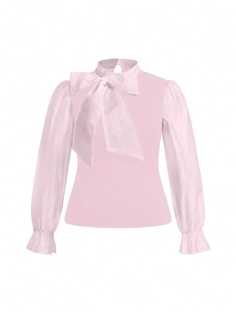 Plus Size Damen Elegant Kontrast Fliege Langarm A-Linie Büroarbeit Hemd Business Rosa Schwarz Braun Am besten für den Frühling – Detail 11