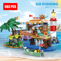City Dock Harbour Seaside Fishing Platform Lighthouse with LED Beach Camping Boat Model Moc Building Blocks Toys for Boys Gift