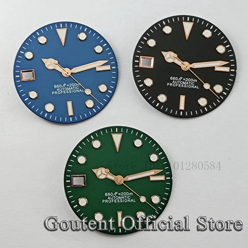 Goutent 29mm Black Blue Green Red Orange Watch Dial With Hands 9 O\'clock Date Green Luminous Fit NH35 Movement