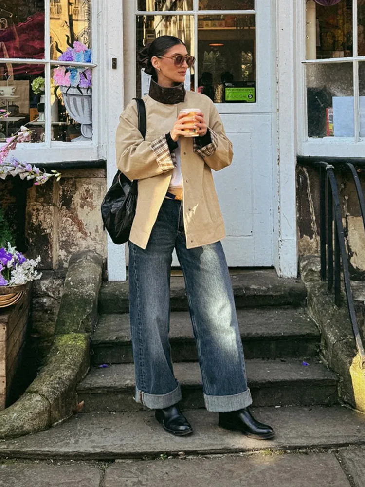 سترة نسائية ذات ياقة جلدية كلاسيكية من البولي يوريثان فضفاضة غير رسمية كاكي مرقع بياقة واقفة وزر سترات خندق أنيقة ومتعددة الاستخدامات ملابس الشارع