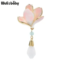 Wuli&baby Pink Magnolia Flower Brooches For Women Elegant Beautiful Enamel Flowers Plants Party Office Brooch Pins Gifts