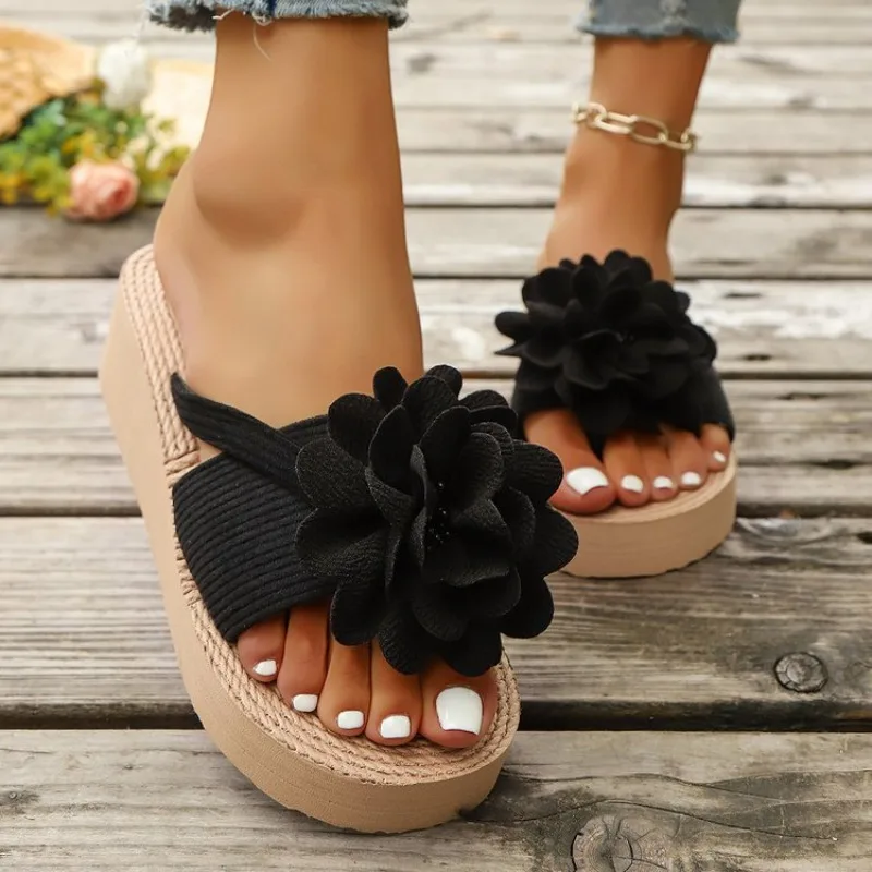 

Summer Round Toe Lightweight Sexy Comfortable Casual Slippers for Women Fashion New Thick-soled Flower Elegant Heeled Slippers