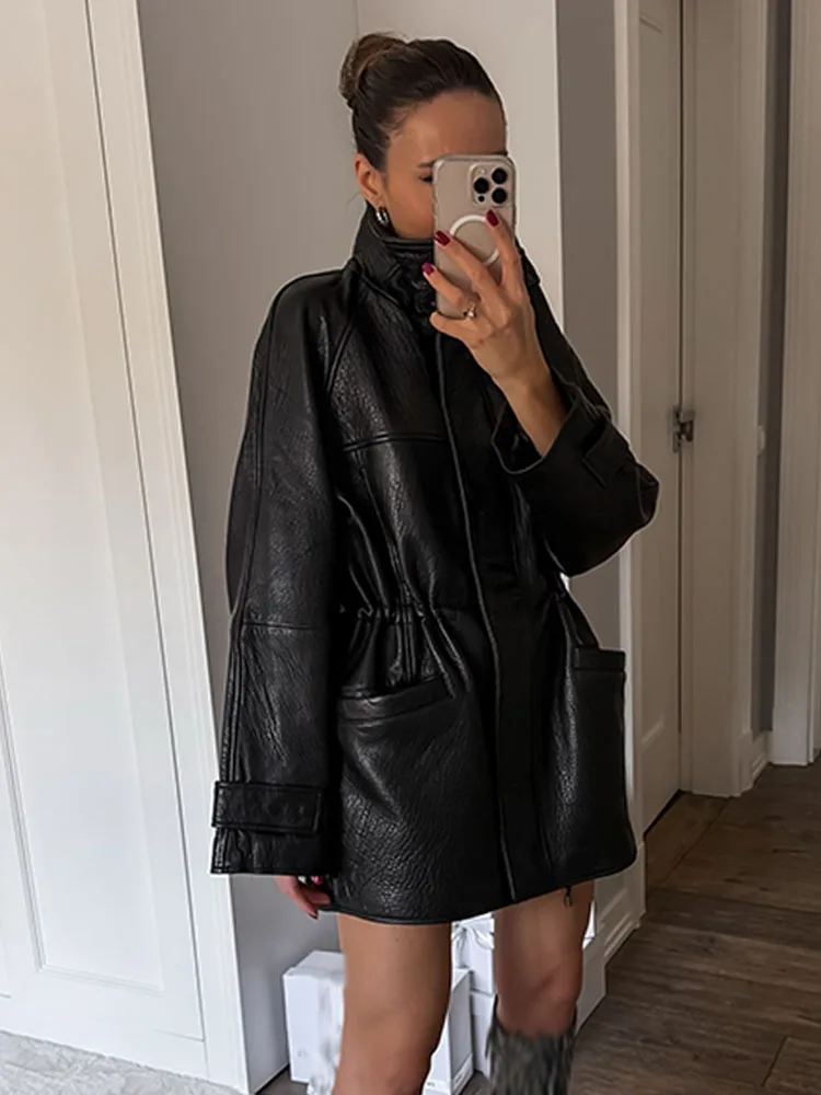 

HH женская новая модная повседневная куртка на молнии с регулируемой талией женская темпераментная куртка с воротником-стойкой и карманом с длинным рукавом из искусственной кожи