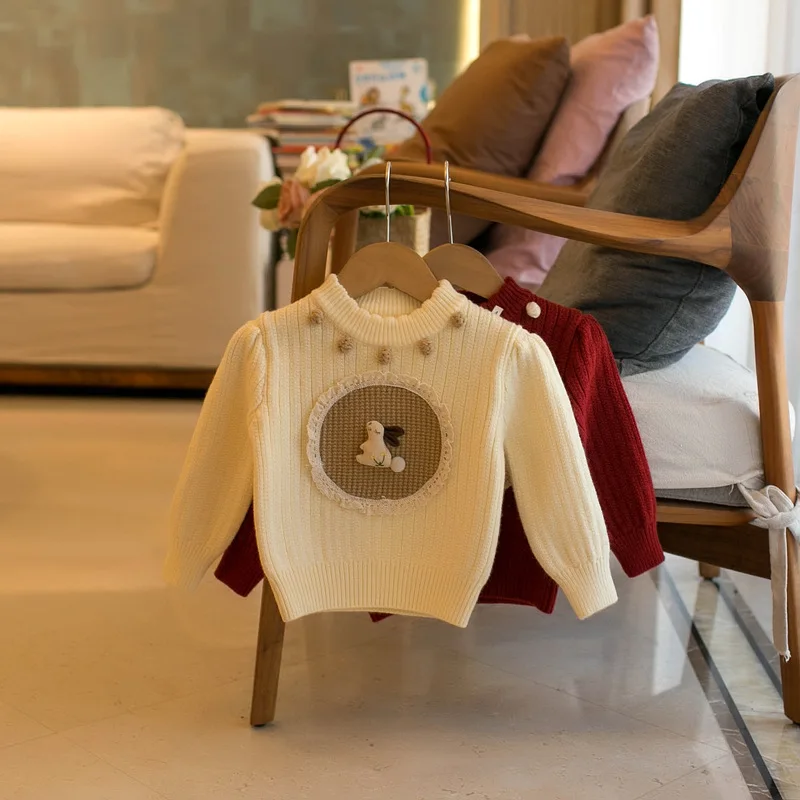 Cute Baby Girls Knitted Sweater Christmas Kids Clothes Bunny Embroidery Pattern Long Sleeve Knitwear Pullover Jumpers Tops