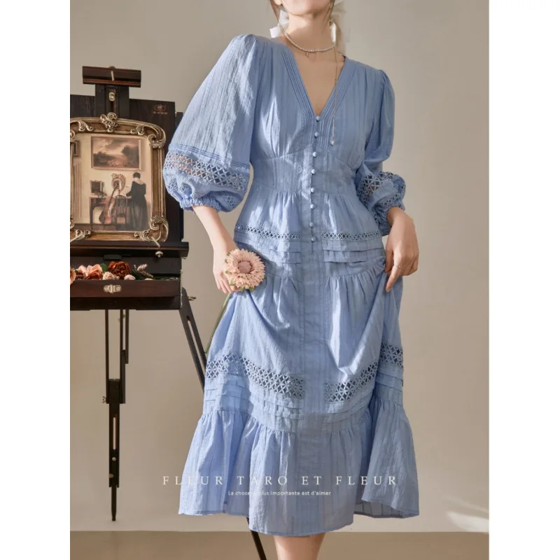 ビーチスタイル新作入荷　夏　エレガント　スリム　レディースワンピース　Vネック　ランタンスリーブ　透かし彫り　Aライン　良質コットンワンピース　Y123