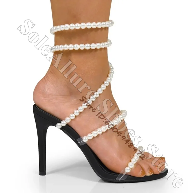 Full Wrap Pearl Ankle Strap Open Toe Stiletto Sandals Wraparound Leg Clear Strap High Heels Wedding Evening Party Lady Shoes