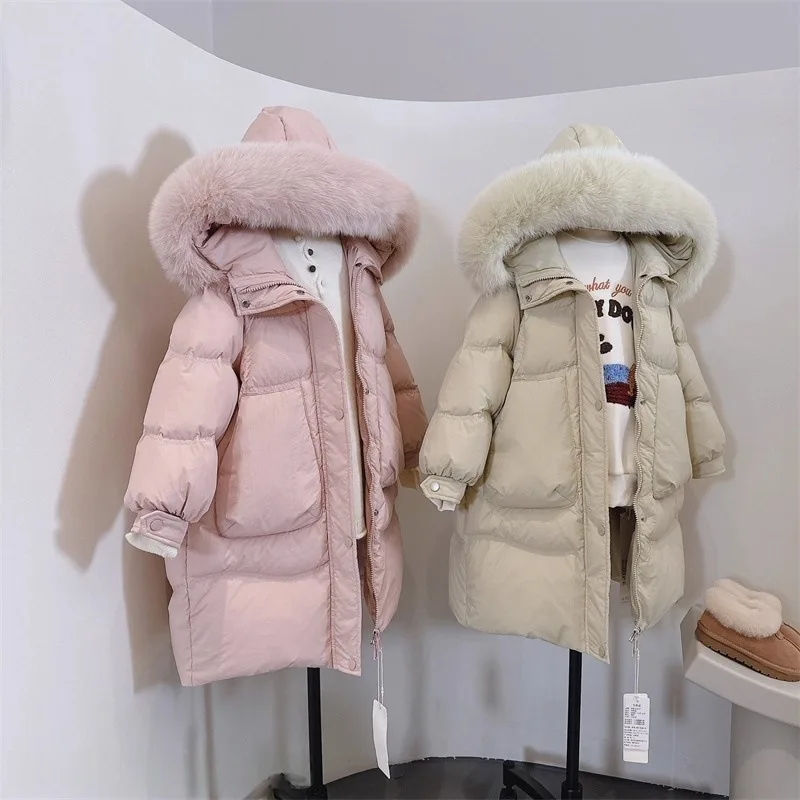 -20 Degree Children Girls Winter Jacket Hooded Warm Large Fur Collar Kid Babys Girls Parkas Zipper 4-14Yrs Girls Outerwears Coat