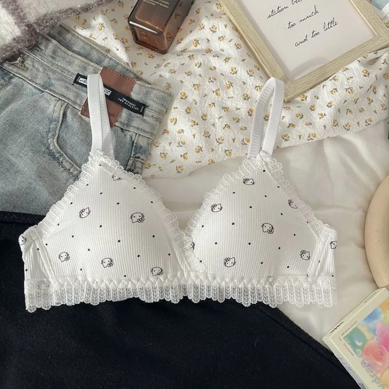 

Cartoon Pattern Hello Kitty Seamless High Quality Girls' Underwear Lace Trim Without Steel Rings Comfortable Thin Design Sweet