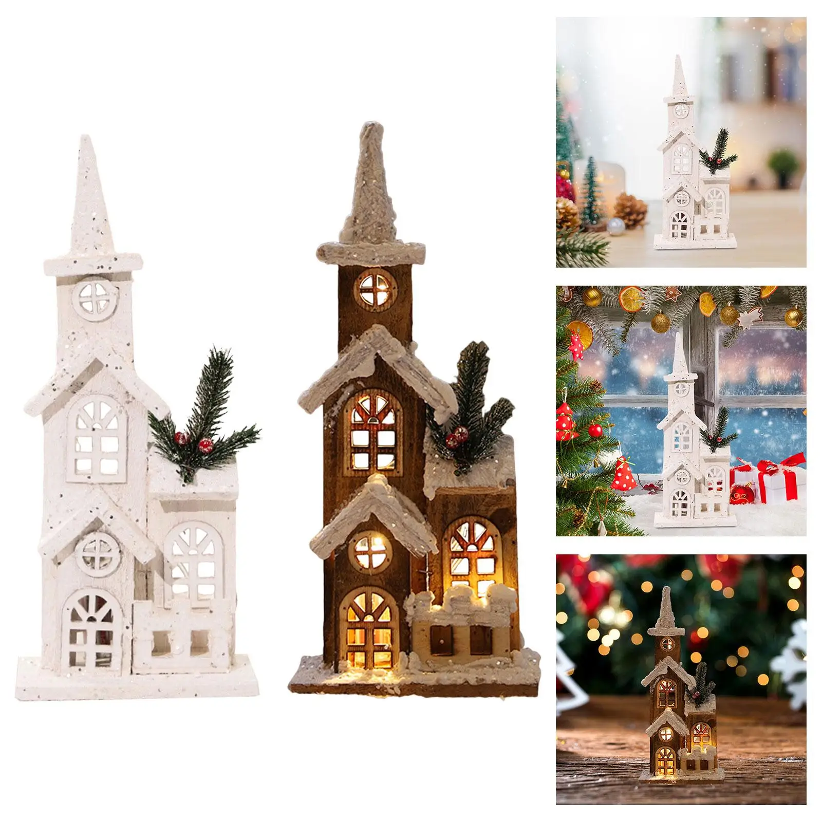 Christmas LED Wooden House Christmas Town Scene Figurines Ornaments Christmas Decoration for Xmas Party Festival Holiday Winter