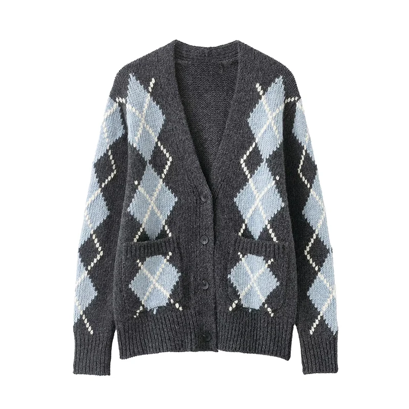 

Knitted Sweater Women's Autumn 2025 New Fashion Elegant Diamond Plaid Cardigan Sweater Women's Street Chic Youth Travel Sweater