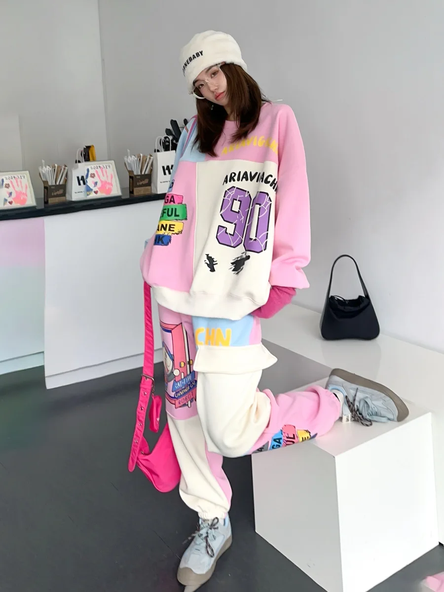 Super Hot Contrast Color Stitching Sweatshirt Sweatpants Plus Velvet Thickened Trendy Fashion Casual Sports Suit