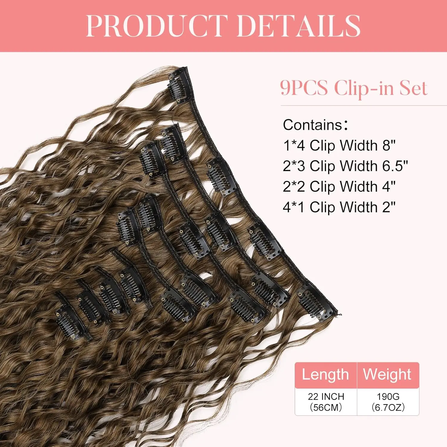 9PCS Clip in Hair Extensions 22 Inch Curly Hair Extension Long Soft Synthetic Hairpieces for Women