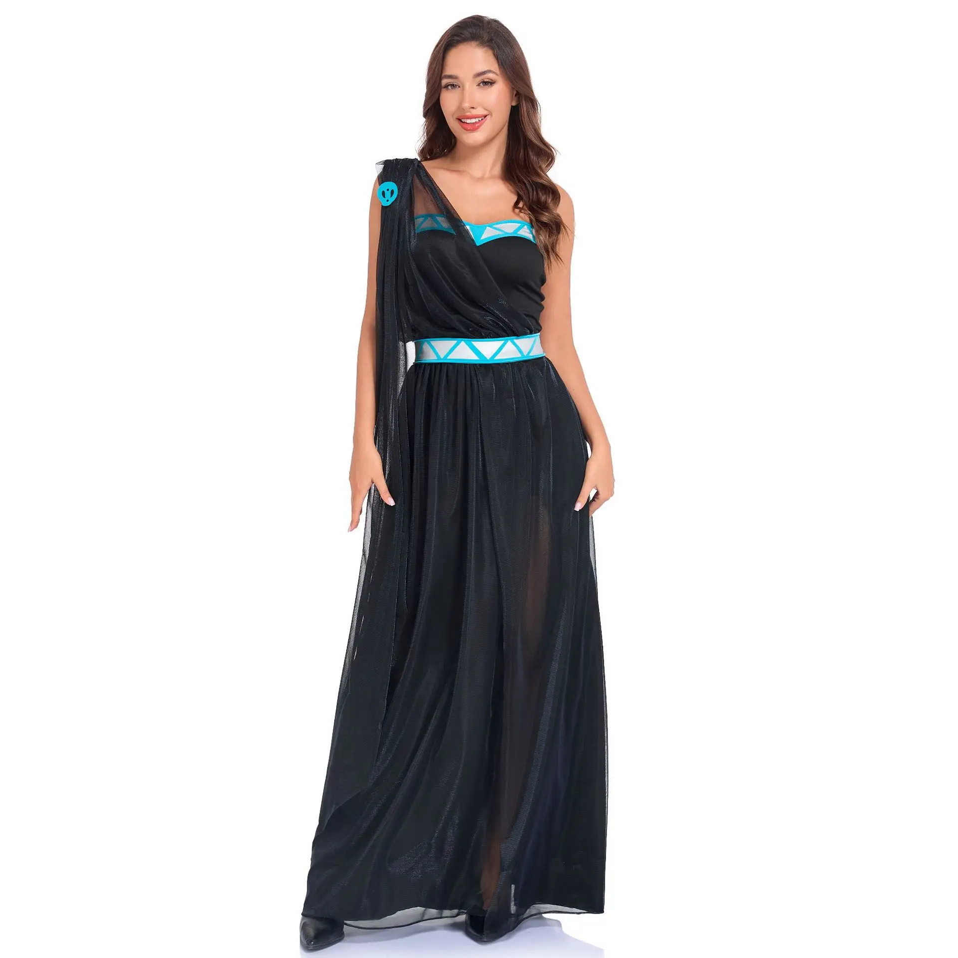 Women Greek Goddess Costume One Shoulder Tulle Maxi Dress Halloween Roman Queen Cosplay Evening Party Dress