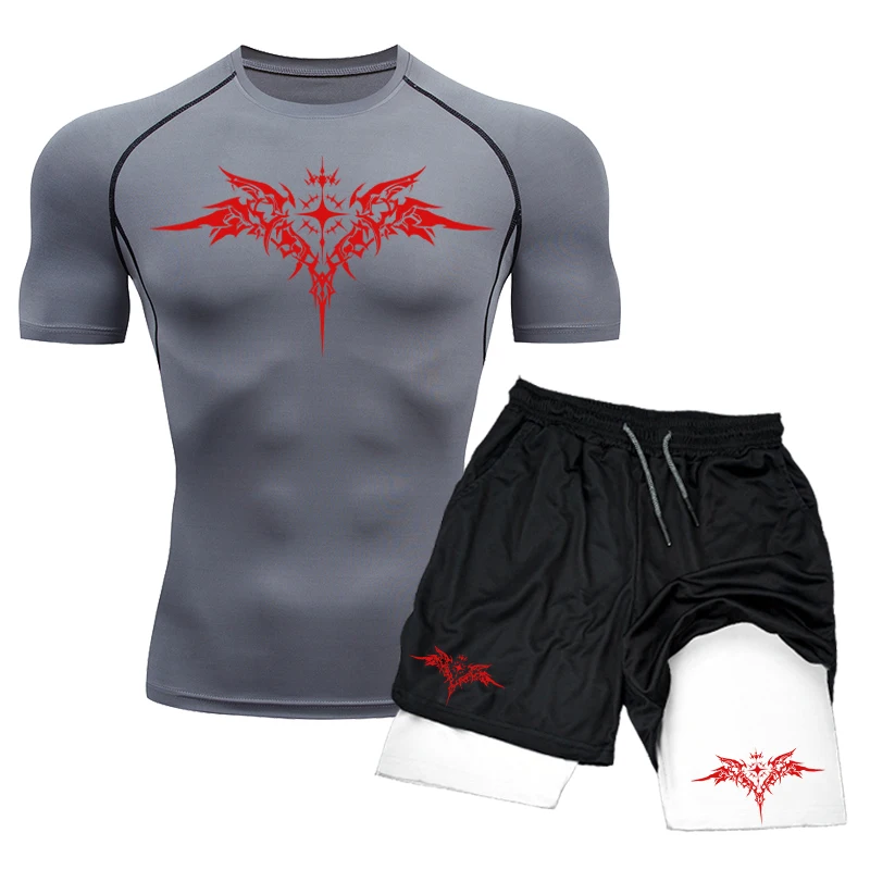 Men Compression Set Short Sleeve Gym Top+Workout Shorts Double Layer Quick Dry Gym Training Athletics Rashguard Shirt 2pcs Suit