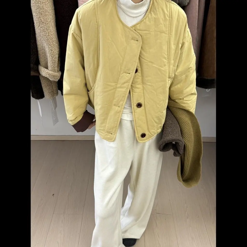 여성용 퀼팅 재킷 한국 스타일 라운드 넥 싱글 브레스티드 따뜻한 면 외투 트렌디한 가을 겨울 패션