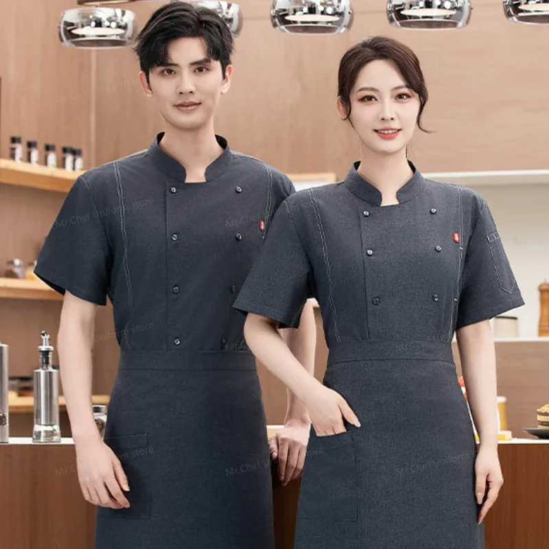 Oddychająca siateczkowa kurtka kucharska z fartuchem biała Krótki rękaw uniform kucharski Restauracja Kuchnia Płaszcz kucharski czarny męski odzież robocza logo