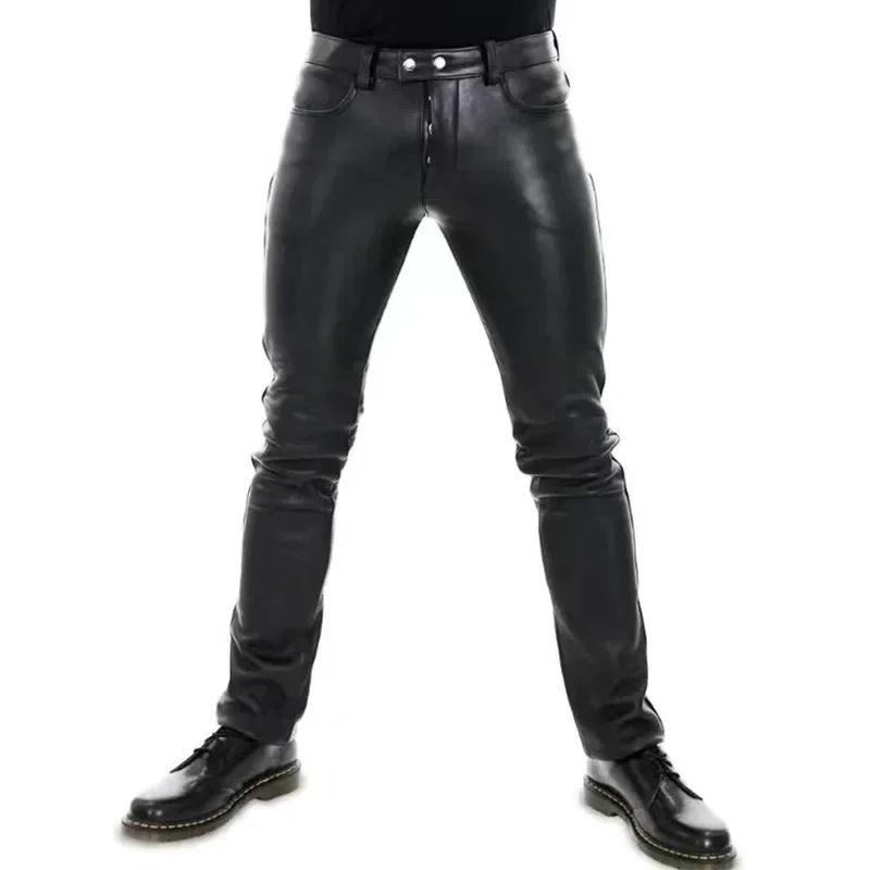 Men's Business Matte Leather Pants Classic Motorcycle Biker Trousers with Pocket Double Button Stretch PU Pants Clubwear Custom