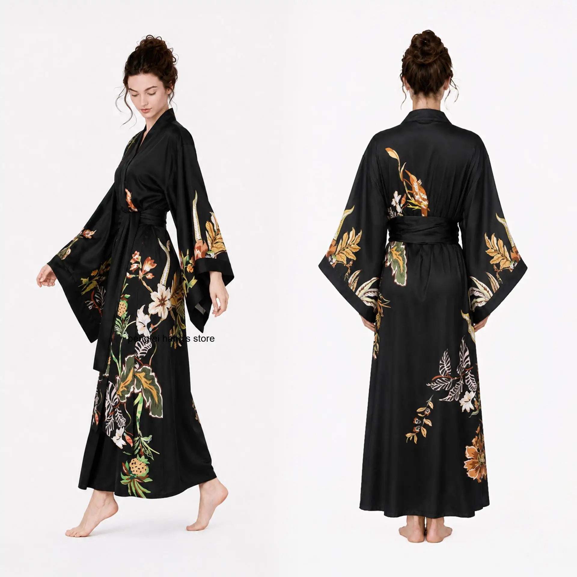 Women Satin Chiffon Sleep Robe Print Long Sleeve Open Front Bathrobe Soft Lightweight Loungewear for Spring Fall