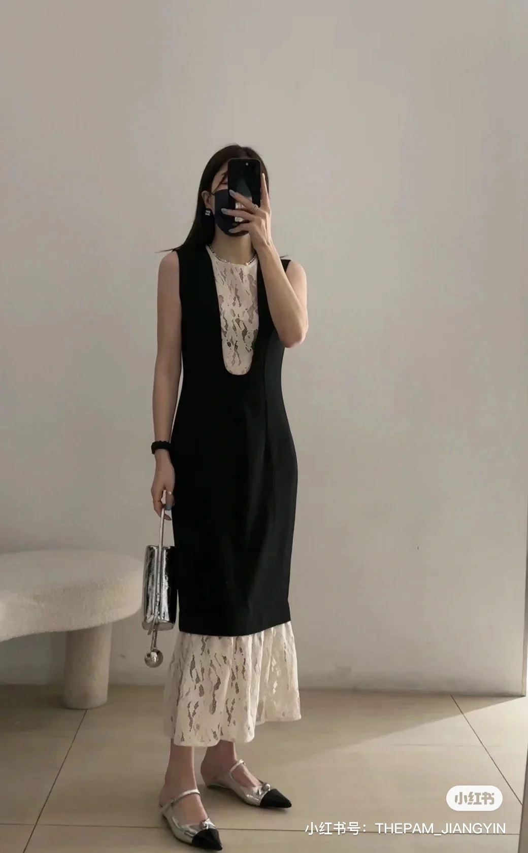 

Patchwork Lace Front and Hem Simple Black Patchwork White Dress Women's Black and White Clash of Colors