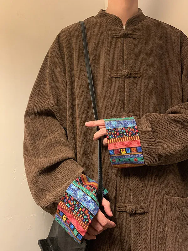 

Мужская свободная куртка из вельвета, осенне-зимняя, новая, в китайском этническом стиле, с принтом, для занятий чайной церемонией, ветрозащитная, из полиэстера, длинная...