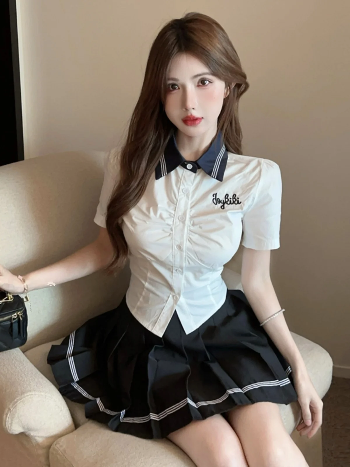 

Sweet Spicy School orm Sle Jk Set Embroidered Letter Collar Waist Cinched ort Sve irt High Waist Pleated Sk...