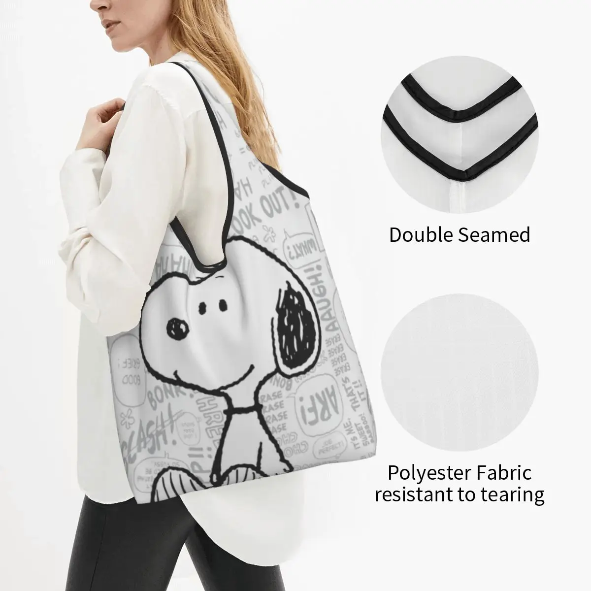 Personalizzato carino Snoopys su nero bianco fumetti Shopping Tote Bags portatile arachidi generi alimentari borsa Shopper a tracolla