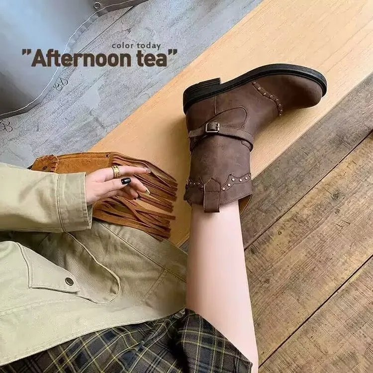 British Style Riding Boots Women 2024 New Early Fall Fried Street Small Ankle Boots Brown Maillard Western Cowboy Boots