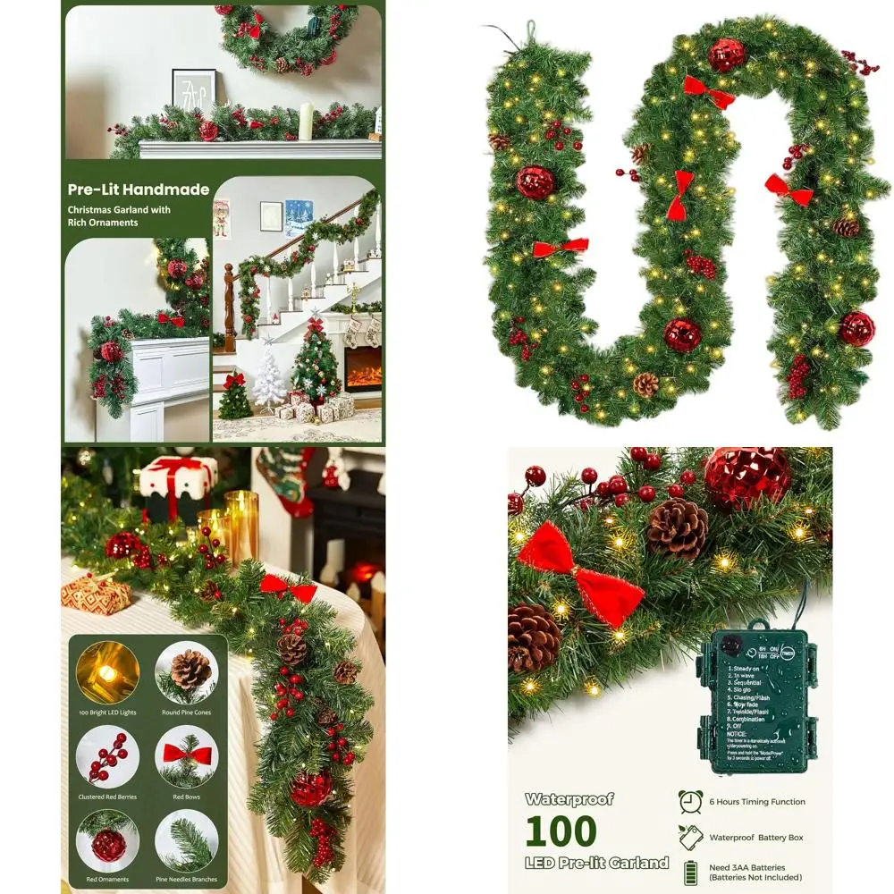 

Рождественская гирлянда 9 футов на батарейках с 100 светодиодами, шишками, ягодами, бантами и украшениями, 8 режимами освещения, таймером для
