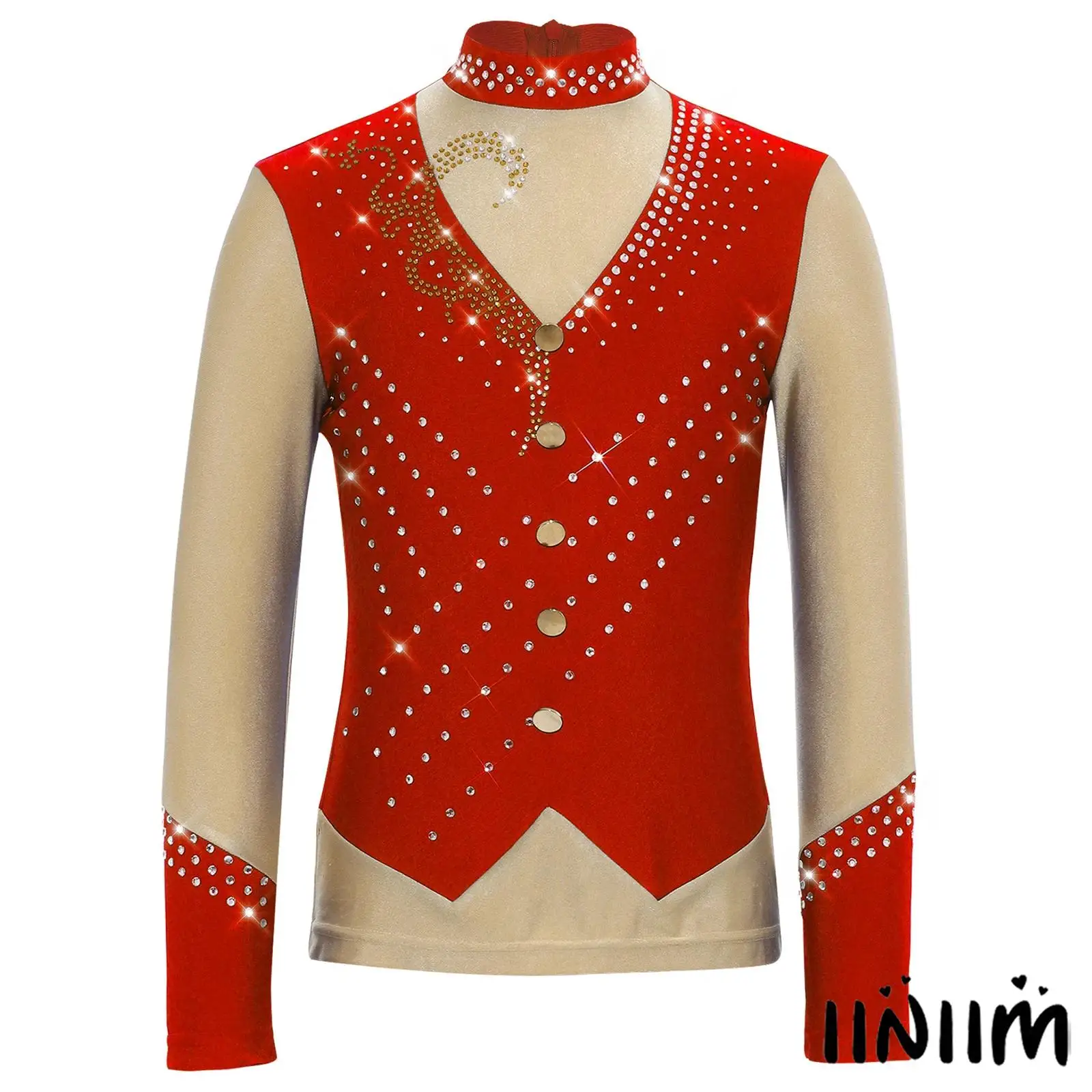 

Kids Boys Ice Figure Skating Costumes Top Sparkly Rhinestones Mock Neck Long Sleeve Contrast Color Top Ballet Jazz Dance Outfit