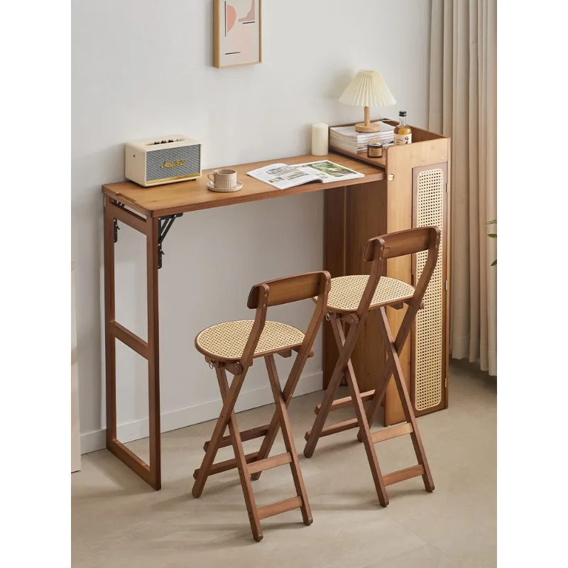 Solid wood foldable bar table, household small apartment retractable living room high table, rattan balcony dining table free