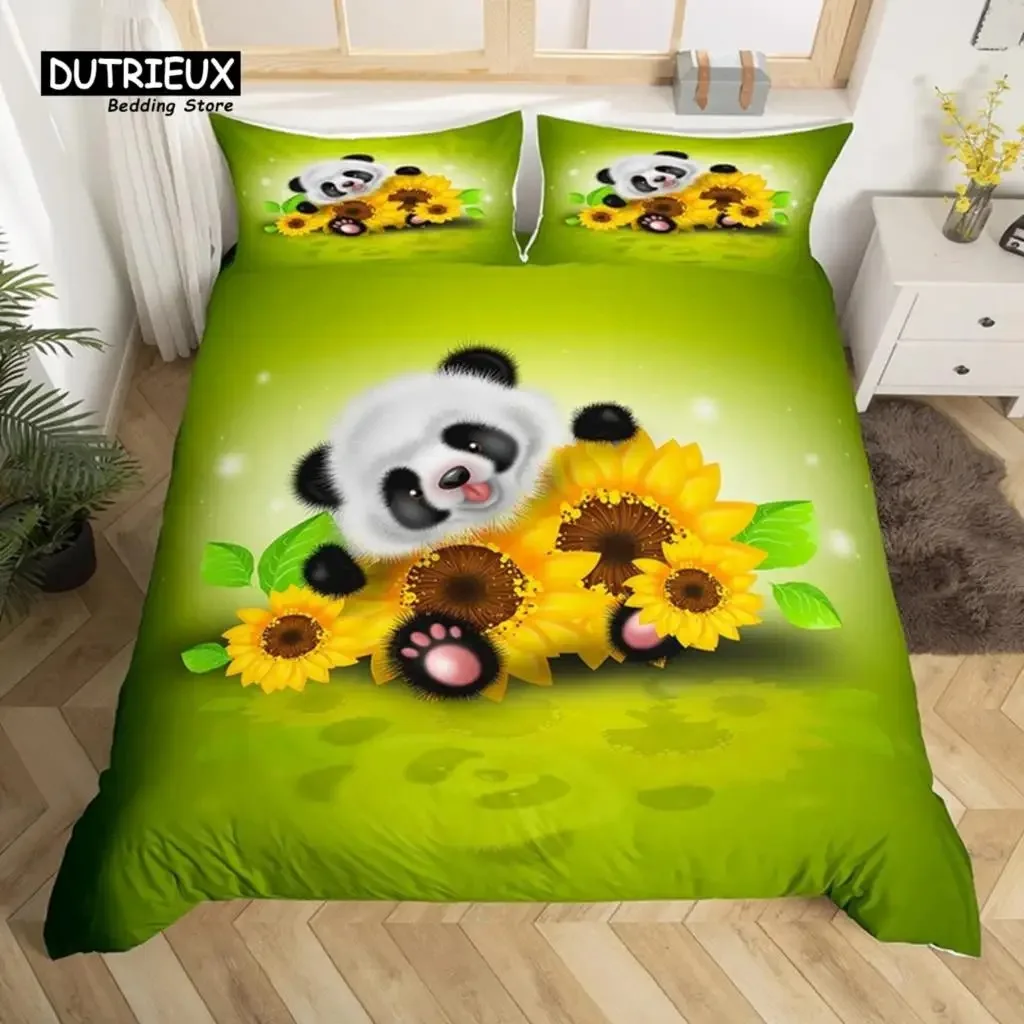 Kids Cute Panda Duvet Cover Cartoon Animals Cat Bedding Set Headset Musical Note Comforter Cover Twin For Boys Girls Room Decor