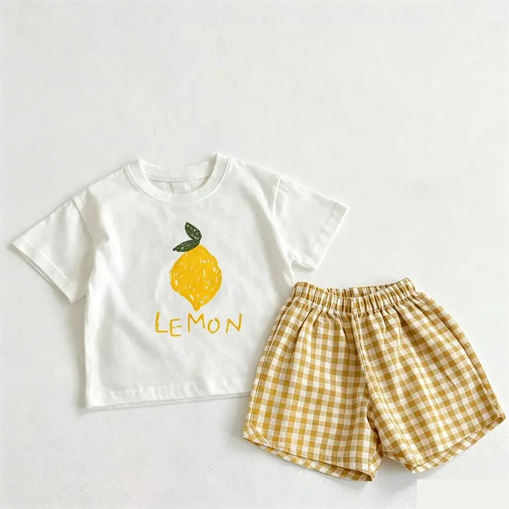 Lovely Suits Baby Boys Girls Summer Clothes White Fruit T-shirts Plaid Shorts Two Piece Set Toddler New  Fashion Casual Costume