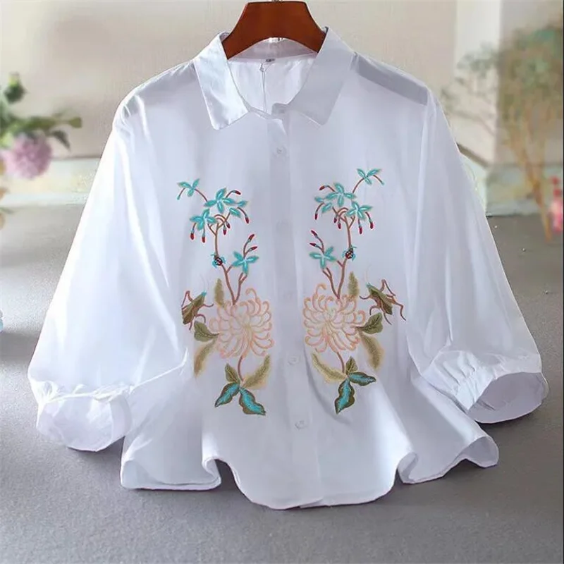 Embroidered Shirt For Women Blouses Summer Ethnic Style Top Loose Female Blous POLO Neck Button Up White Woman Clothes Shirts