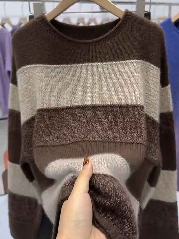 

Retro Lazy Sle Color Blo Striped Knitted Sweater Women's Loose Slimming Top Versatile Autumn New Arrival Simple Design