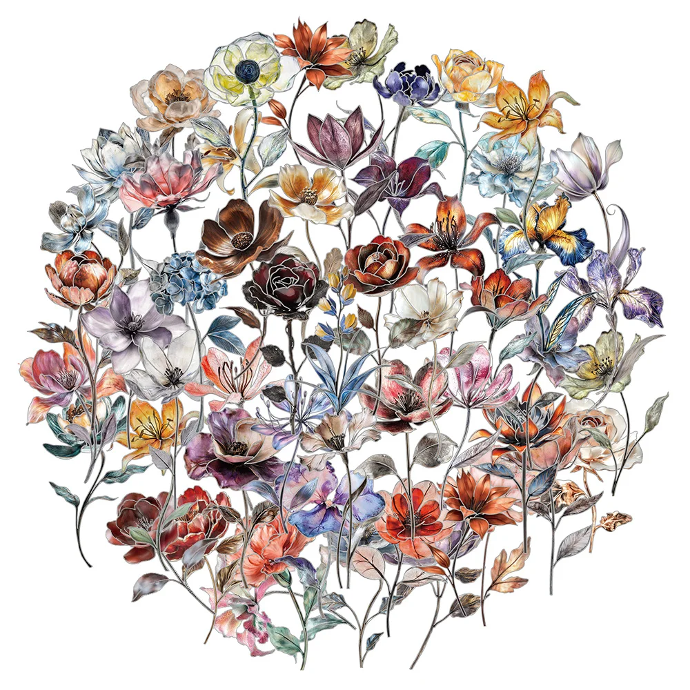 

50PCS Yin Rui Flower Silver Cartoon Creative Stickers DIY Handmade Materials Phone Case Laptop Luggage Stickers