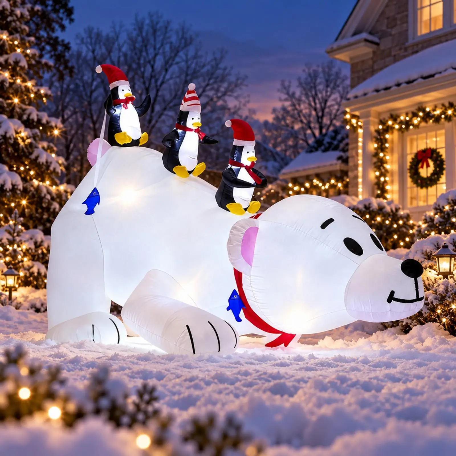 Arctic Bear with Penguins Inflatable Easy to Inflate Inflatable Arctic Bear with Penguins Outdoor Inflatable Decoration With